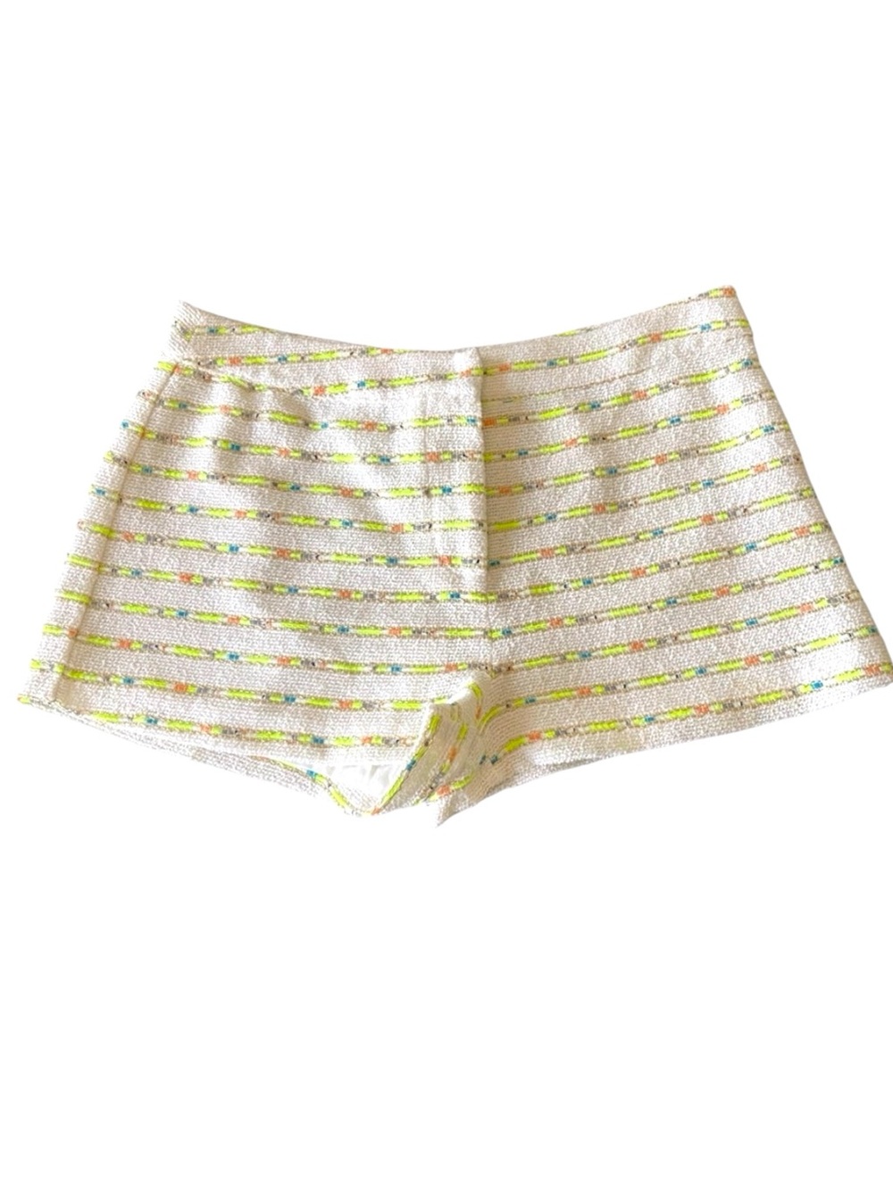 Lulumari Cream/Neon Green/Gold Thread Textured Tweed Short Shorts (S)